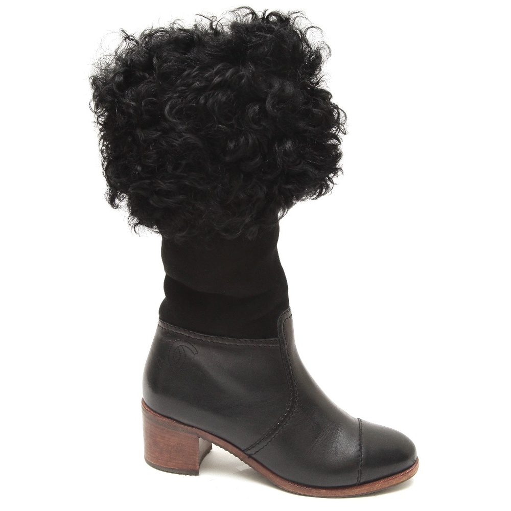 CHANEL Black Leather Shearling Cuff Heeled Boots